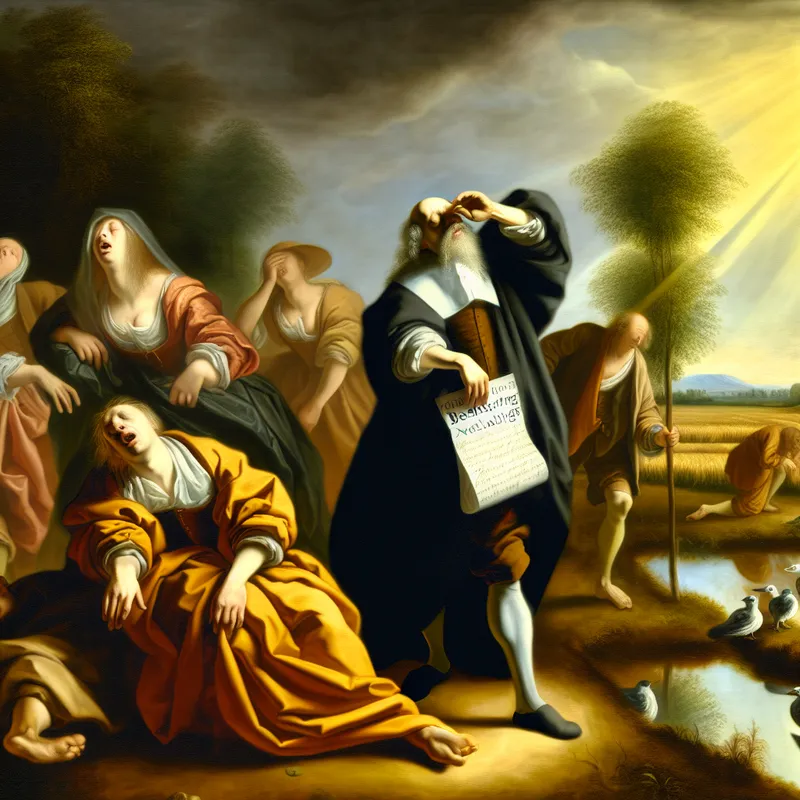 Barokke schilderijscène van een groep opgeluchte figuren in een zonnig landschap, met een document voor belastingverlaging als symbool van verlichting en rust