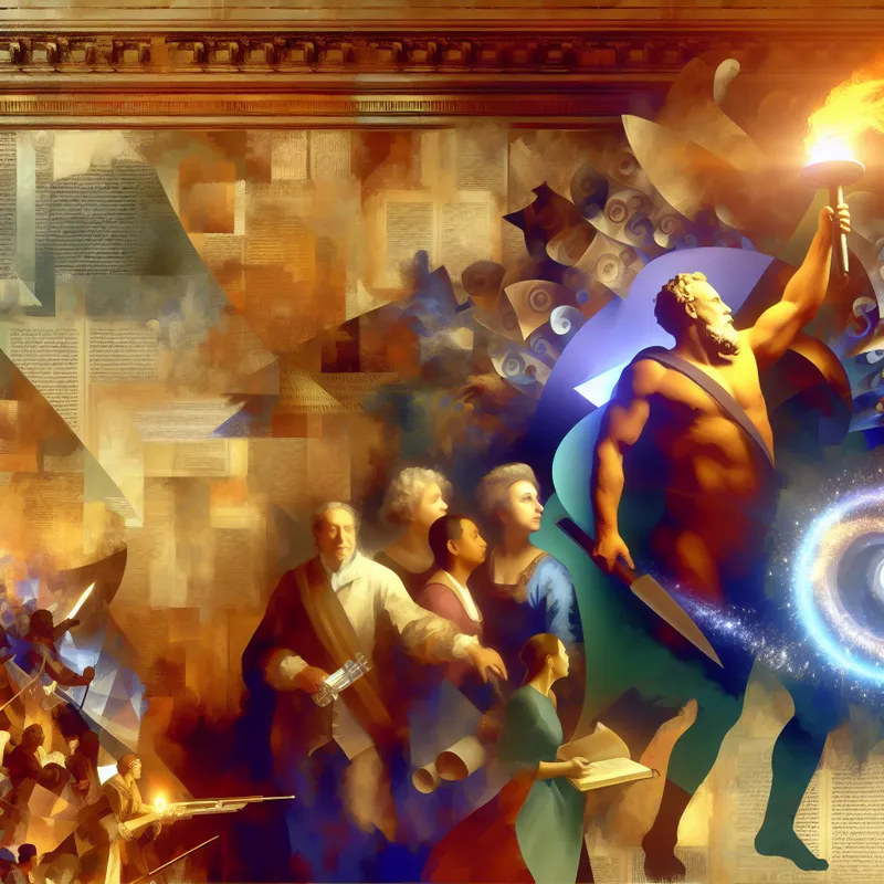 Visionaire pionier met een stralende fakkel in een barokke scène, symbool voor innovatie en het begin van een nieuw tijdperk met volgelingen en klassieke en futuristische elementen