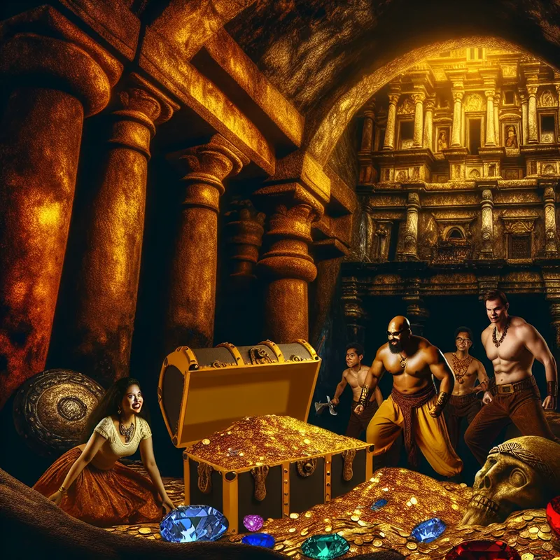 Barokke schatkamer vol glinsterende gouden munten, juwelen en sieraden, ontdekt door gespierde piraten in een ondergronds kasteel