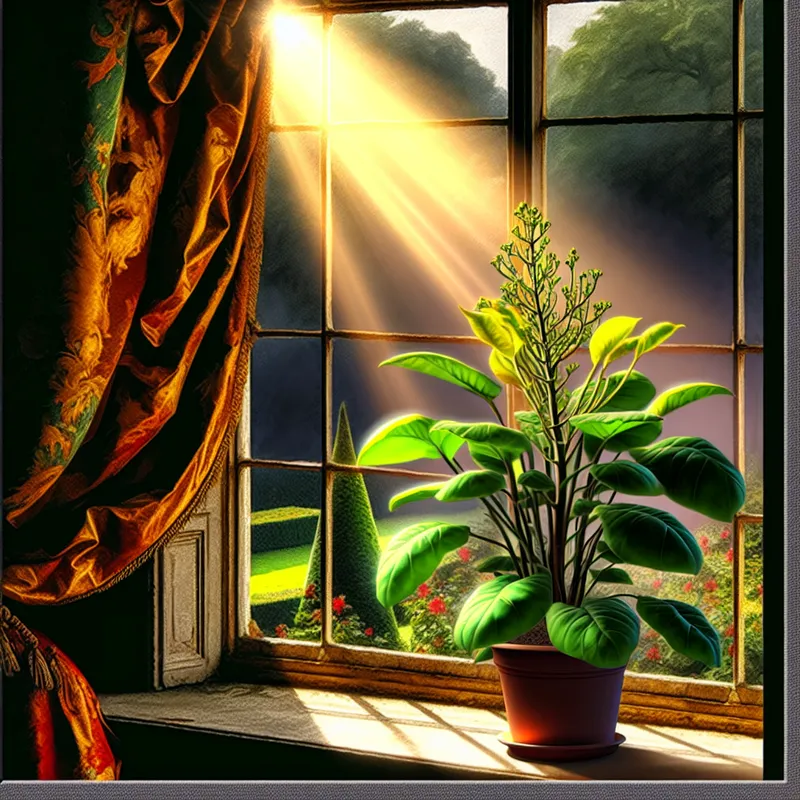 Levendige Barokke schilderij van een groeiende plant op een zonovergoten vensterbank met gouden zonlicht en een tuin op de achtergrond.