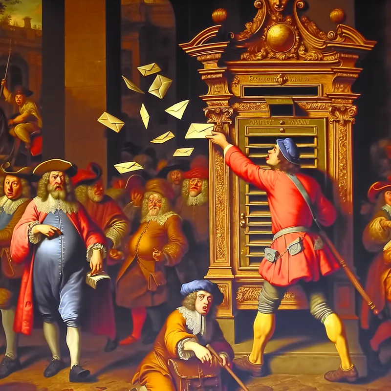 Barokke straatscene met een weelderige gouden postbus en een postbode die brieven leegt in 17e-eeuwse stijl