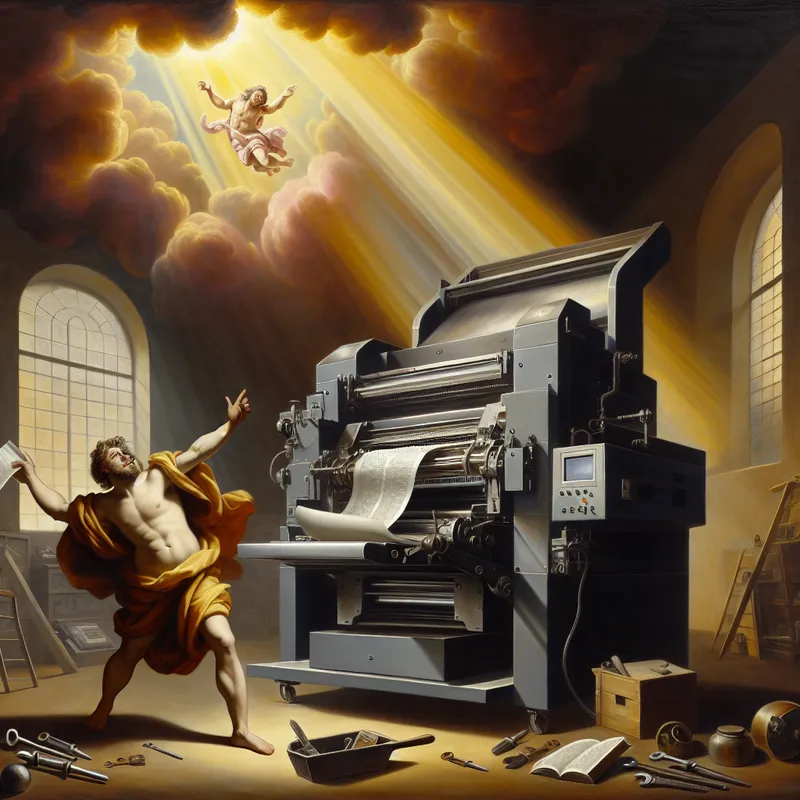 Triomfantelijke technicus naast een perfect werkende printer in een barokke werkplaats, symbool voor goed functionerende apparaten