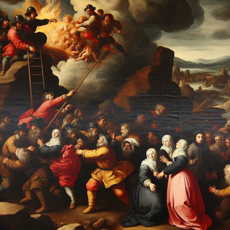 Barokke voorstelling van een heroïsch reddingsteam met brandweerlieden en artsen die samenwerken in een dynamische missie