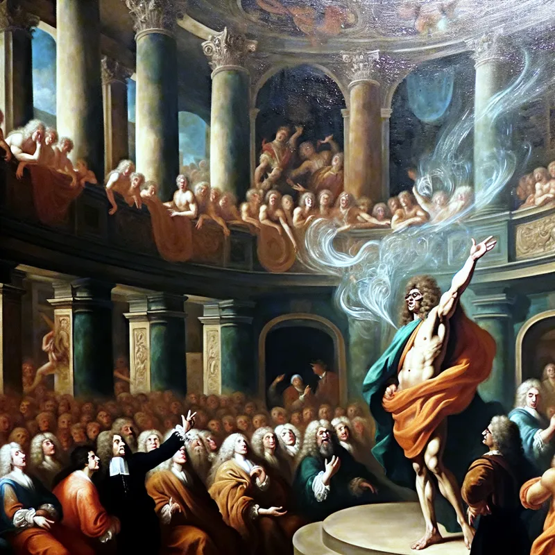 Barokke scène van een krachtige redenaar die een emotioneel publiek overtuigt met zijn woorden, symbolisch voor invloed en overtuigingskracht