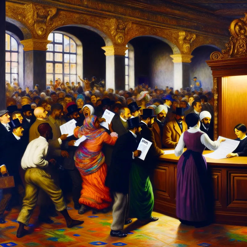 Dramatise barokke scene van een druk registratie kantoor met een clerk die identificatienummers uitdeelt aan diverse mensen.