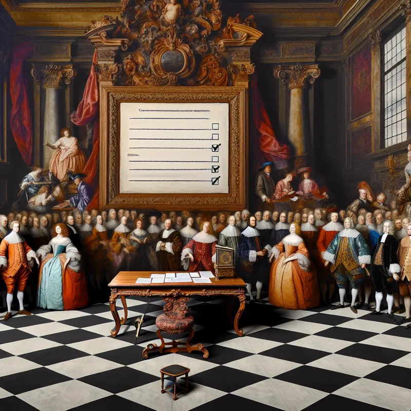 Een prachtig versierd registratieformulier op een tafel in een Barokke kamer, met een diverse groep mensen die het formulier bespreken en het omcirkelen.