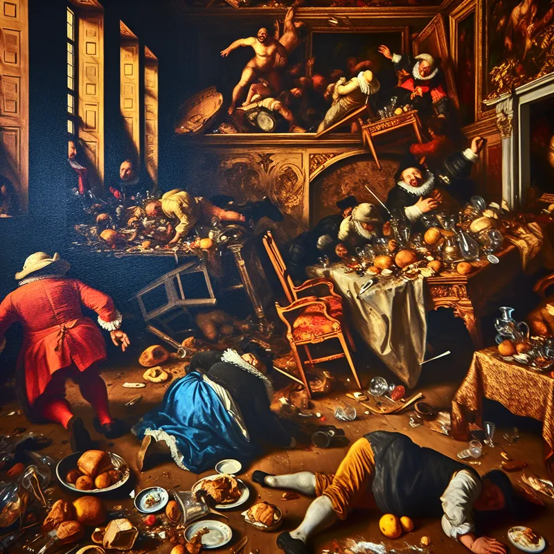 Barokke scène van een chaotische huishoudelijke rommel na een wild feest, met omgevallen tafels, verspreid eten en lachende figuren