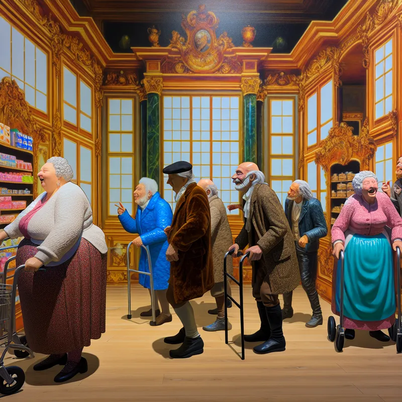 Barok scène van Peter Paul Rubens met ouderen die genieten van een winkel vol toegankelijke producten voor comfort.