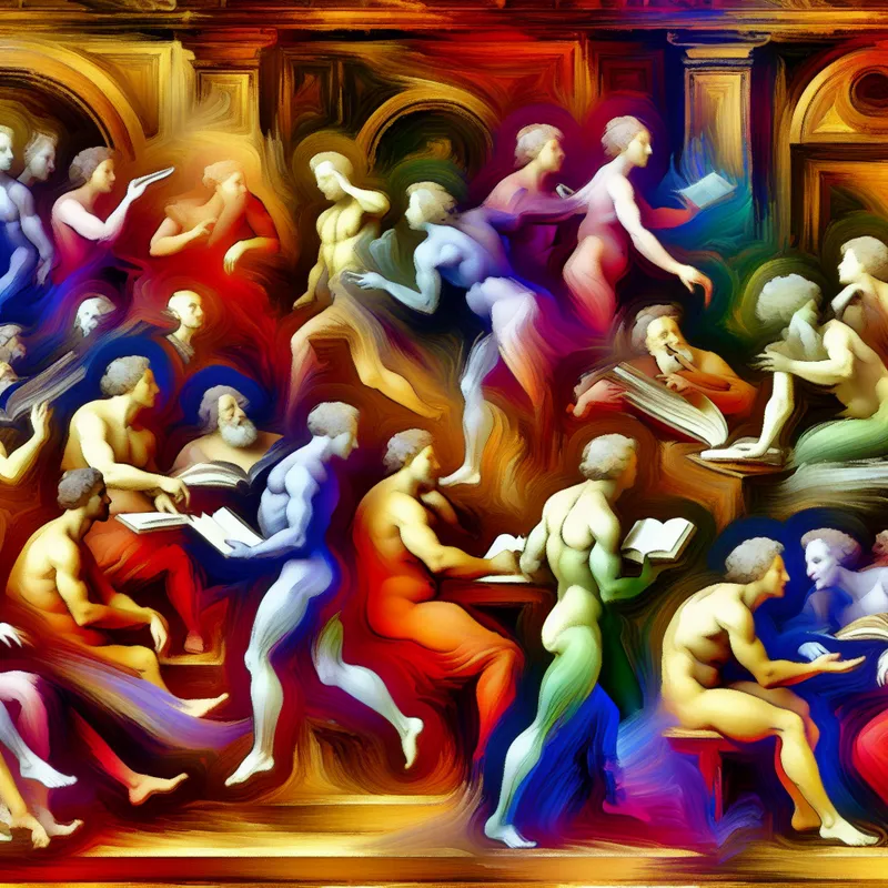 Een dynamische barokke scène van een diverse groep mensen die betrokken zijn in levendige gesprekken, met boeken en woordenboeken in de hand.