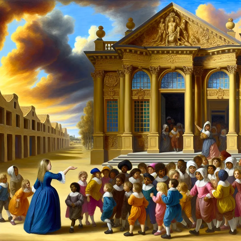 Barokke scène met kinderen geleid door een volwassene naar een groot, versierd gebouw, met een expressieve lucht op de achtergrond.