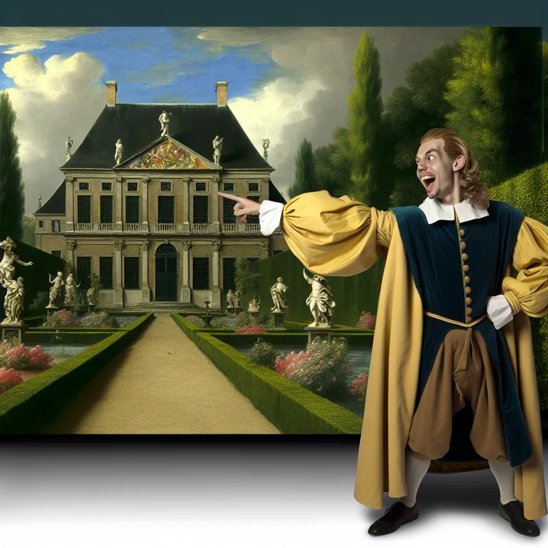 Een imposant huis in barokstijl met een krachtige figuur in de tuin, met levendige kleuren en dramatisch licht