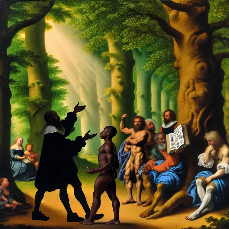 Een barokke scène in een weelderig bos met oude bomen en een diverse groep mensen die discussiëren. Een persoon maakt een dramatische gebaar terwijl een kind met een boek aan de voet van een boom zit.