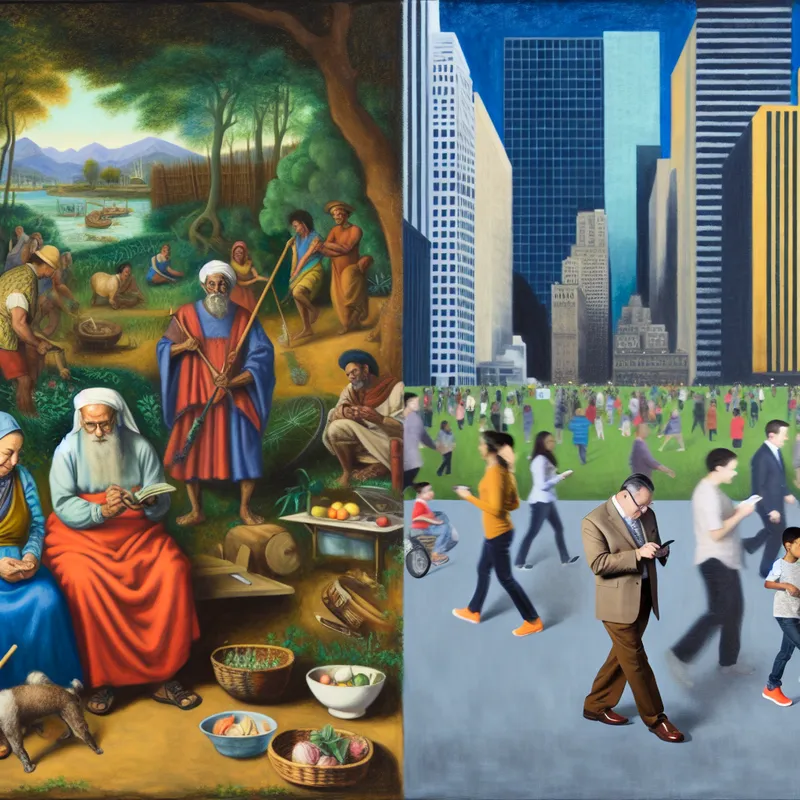 Schilderij van een barokscène die de tegenstelling toont tussen oudere en moderne ouders, met een tuin en een stadsgezicht op de achtergrond.