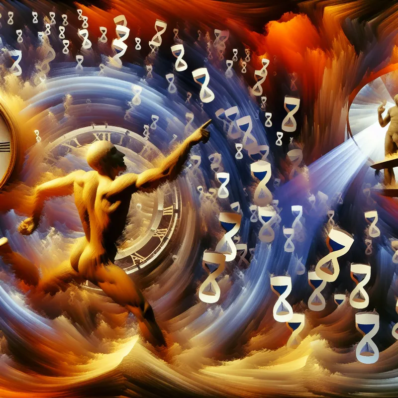 Dramatische barok scène met figuur in krachtige pose te midden van chaos, symboliserend groei en succes te midden van falen.