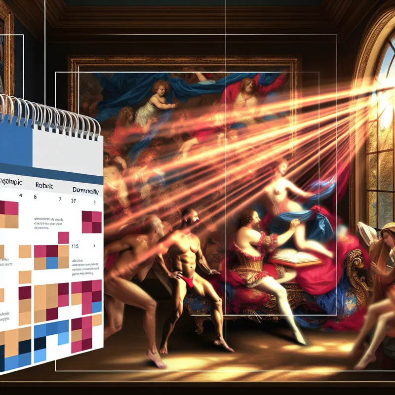 Een levendige Barok scène geïnspireerd door Peter Paul Rubens, met mensen in een rijk versierde kamer rond een grote tafel.