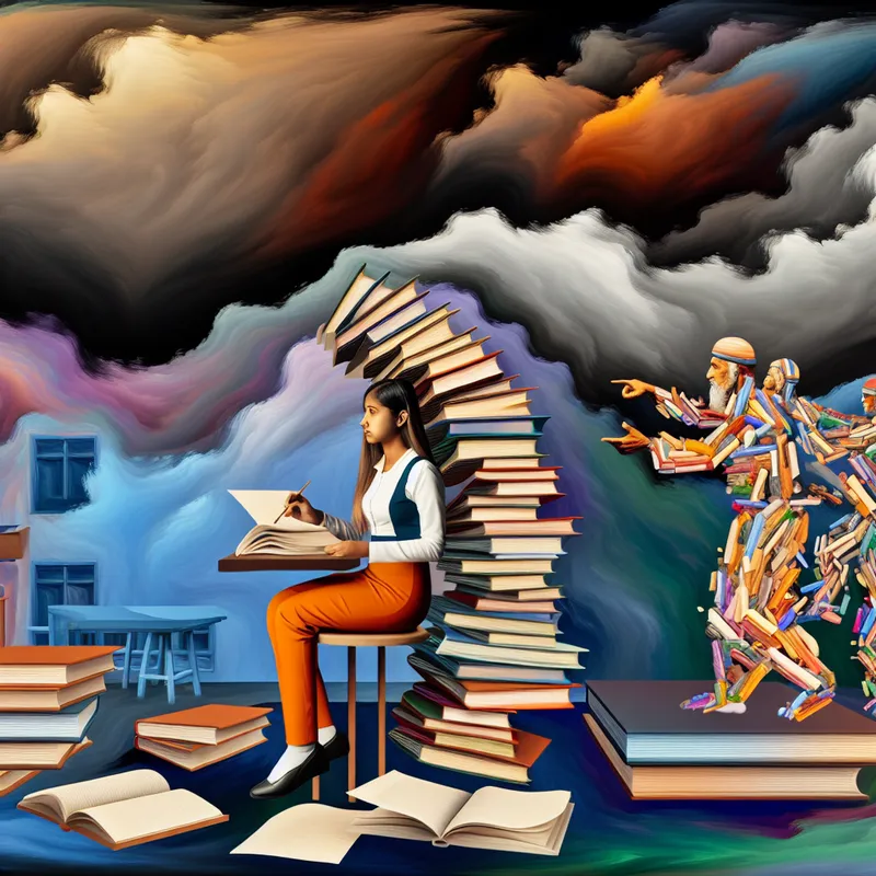 Barokke schilderij van een gestresseerde student aan een bureau omringd door een berg boeken, met een oude mentor die probeert te helpen