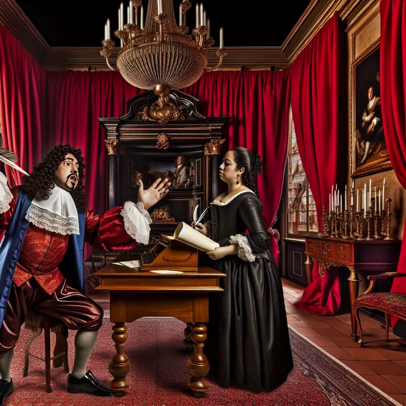 Barokke scène van een schrijver die een letter dicteert aan een secretary in een luxueuze kamer