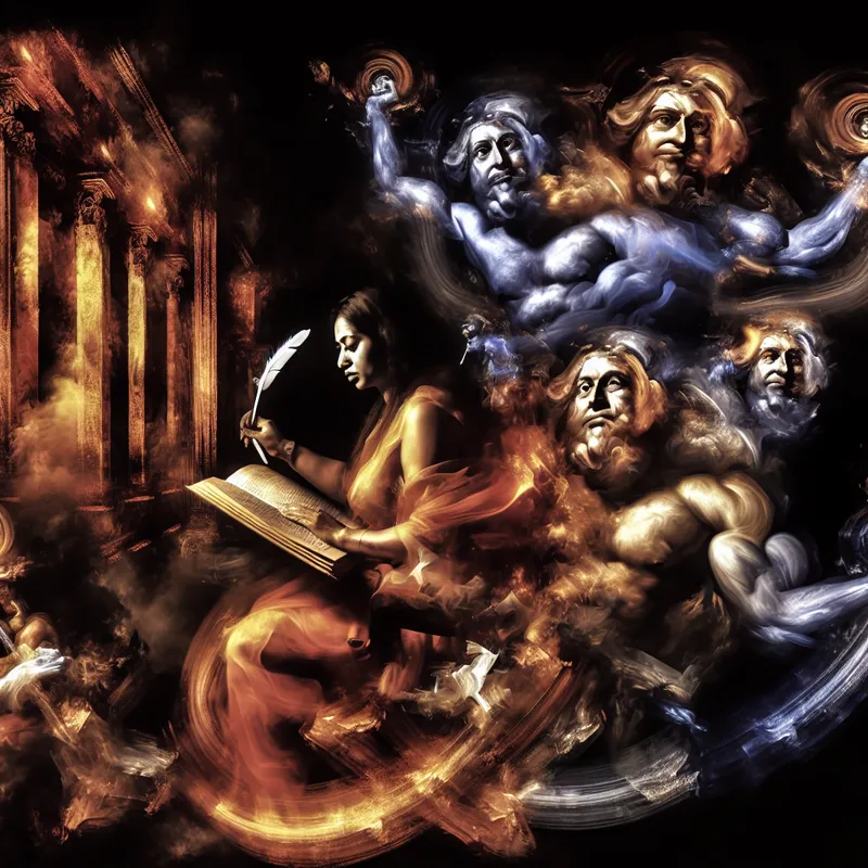 Schrijver in barokke stijl die diep nadenkt, omringd door symbolische figuren van eenzaamheid en introspectie, terwijl hij met een ganzenveer schrijft in een open boek