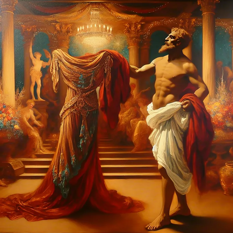 Barokke scène met centrale figuur die een elegante jurk met rijke stoffen vasthoudt, symboliserend een zorgvuldige selectie