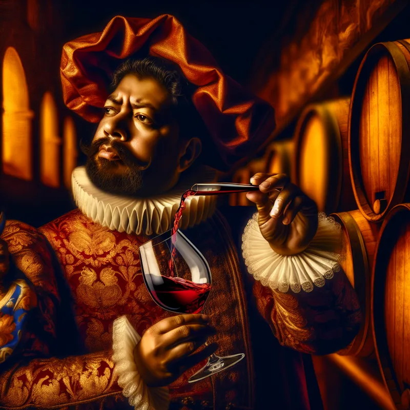 Barokke sommelier in 17e-eeuwse kleding proeft een kleine hoeveelheid rode wijn uit een kristallen glas in een luxueuze wijnkelder