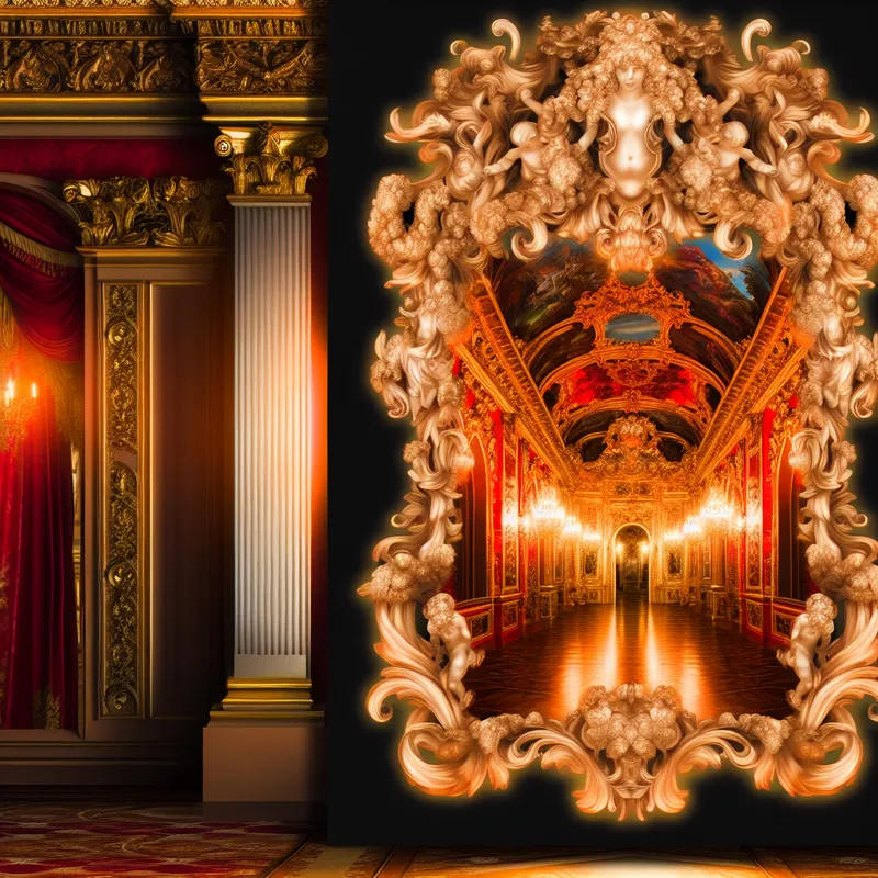 Grote barokke spiegel met een weelderig gouden kader, versierd met cherubijntjes en bloemmotieven in de stijl van Peter Paul Rubens