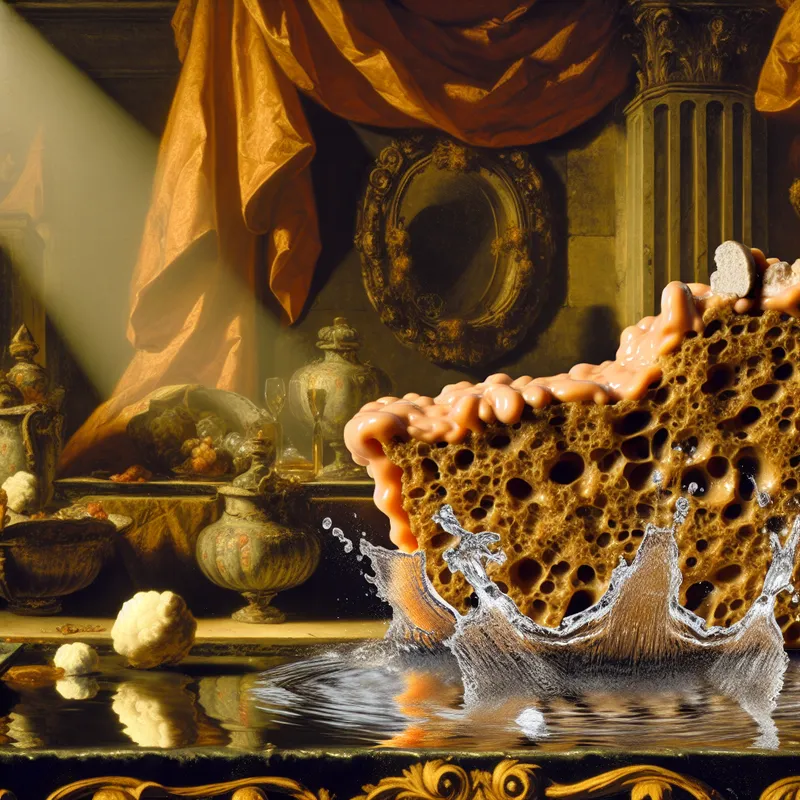 Grote barokke spons die water absorbeert op een weelderige tafel, dynamische compositie in de stijl van Rubens