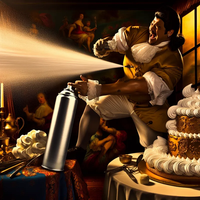 Barokke keukenscène met een chef die slagroom spuit uit een cilindervormige spuitbus op een luxe taart