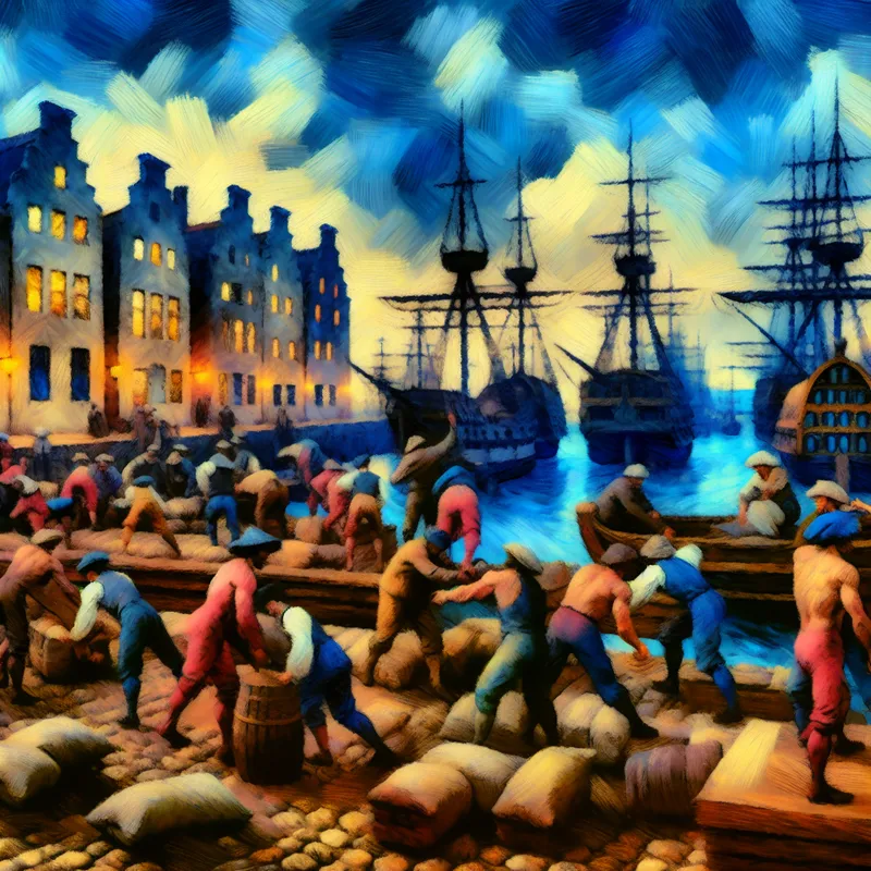 Barokke schildering van een levendige historische stadshaven met dokwerkers, schepen en toeristen in 17e-eeuwse kleding