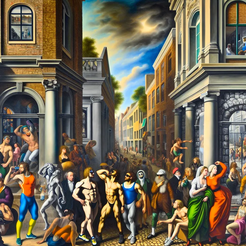 Barokke stadsgezicht met levendige straattaferelen, diverse mensen en dynamische architectuur in de stijl van Peter Paul Rubens