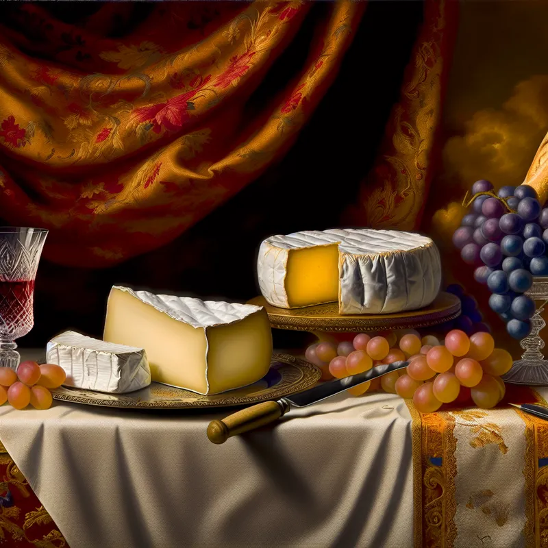 Barokke stilleven met Brie en Cheddar kaas, versierd met druiven en rode wijn