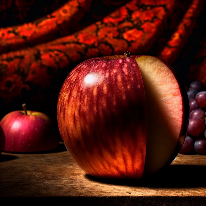 Still leven met de helft van een appel op een houten tafel, belicht met dramatische schaduwen, omringd door andere vruchten zoals druiven en vijgen.