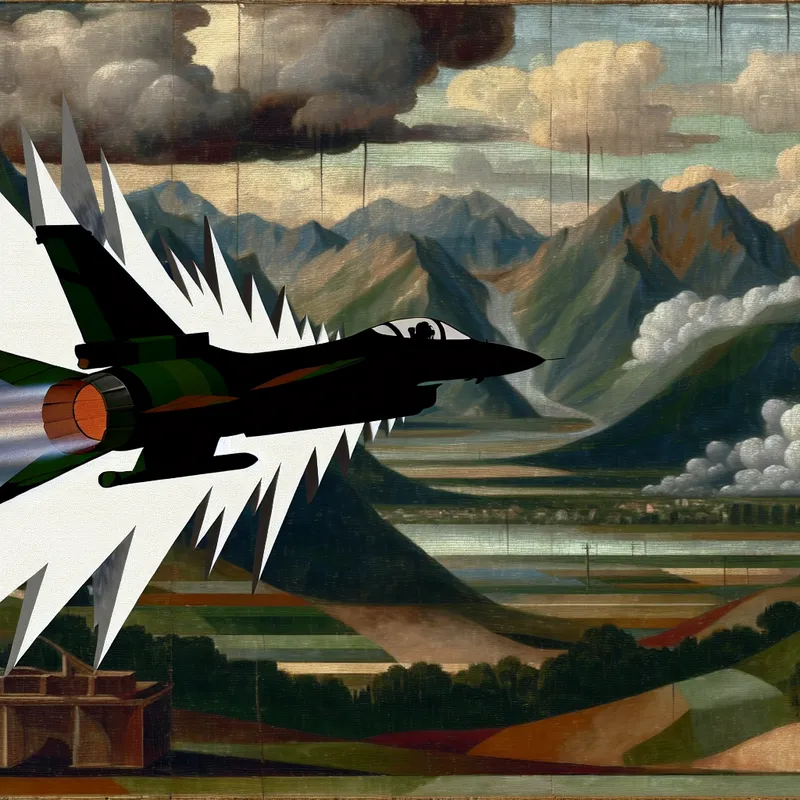 Barokke scène met straaljager boven bergen en valleien