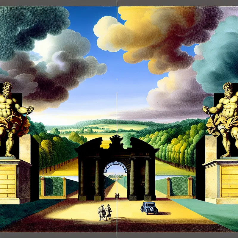 Barokke toegangspoort met sterke figuren aan weerszijden, geïnspireerd door Peter Paul Rubens, in een levendig landschap.
