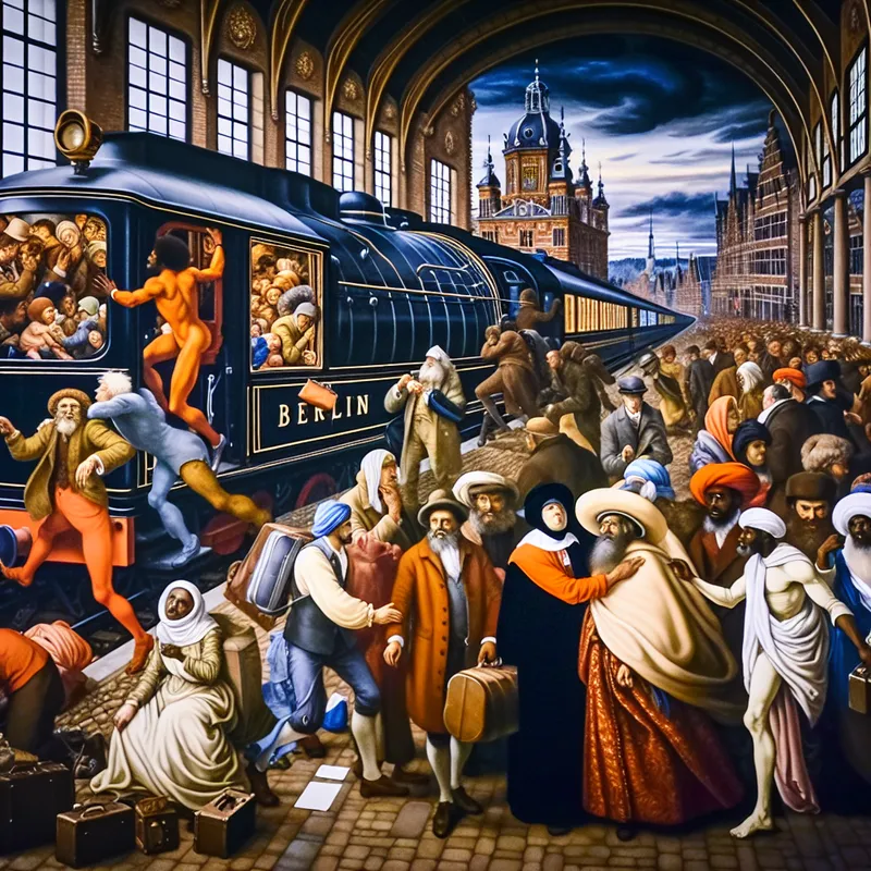 Barokke voorstelling van een 17e-eeuws Nederlands treinstation met reizigers die naar de stoomtrein met bestemming Berlijn gaan, symboliserend beweging naar een doel