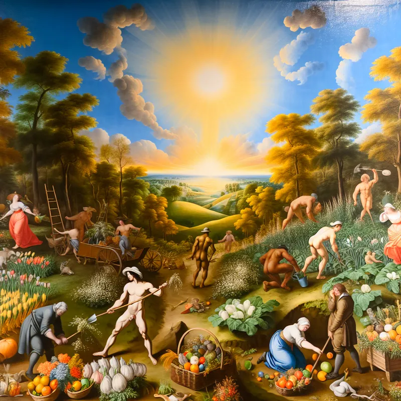 Barokke tuinscène met levendige figuren die overdag in een zonovergoten tuin werken, geïnspireerd op Peter Paul Rubens