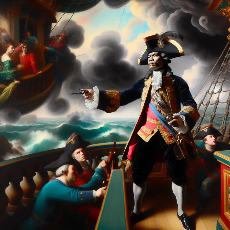 Barokke voorstelling van een tweede bevelhebber op de brug van een 17e-eeuws marineschip tijdens een storm, met dramatische wolken en zee