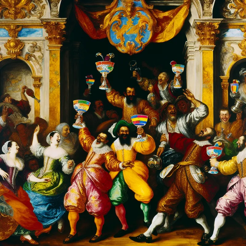 Vrolijke bijeenkomst in een luxueuze speelkamer met diverse mensen die kleurrijke trofeeën houden