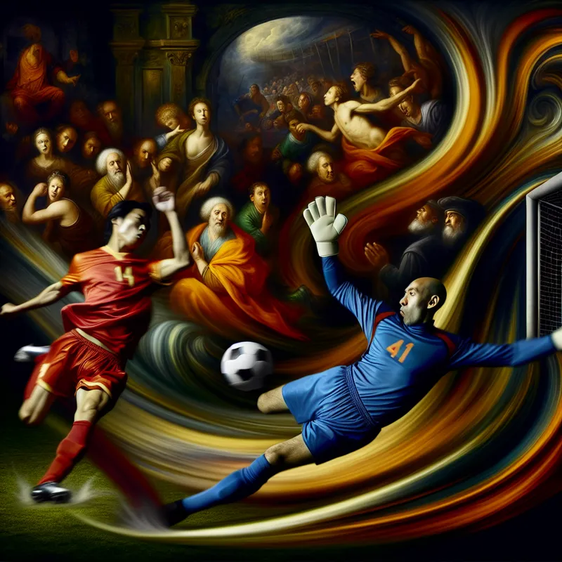 Barokke voorstelling van een voetballer die een krachtige poging doet om te scoren, met een dramatische goalkeepersduik en opgewonden publiek