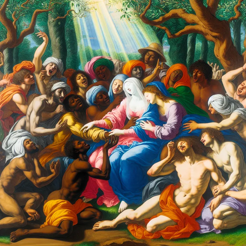 Een levendige en dynamische baroktaferelen van diverse vrienden die samen in een weelderige tuin lachen en elkaar omhelzen, hun sterke band en affectie tonend.