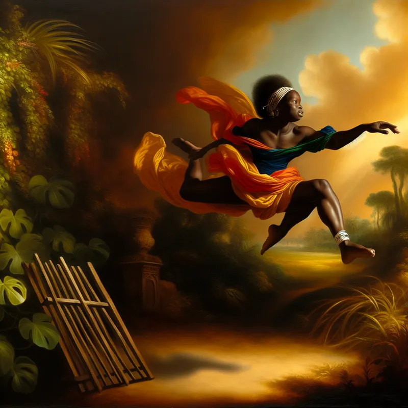 Jonge vrouw springt met gratie over een hek in een dynamische barokscène, uitroepend 'Ik ben er al overheen!'