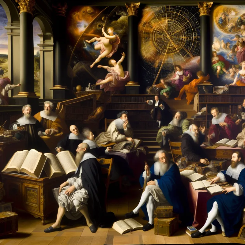 Een Barokke scène met geleerde en wetenschappers die discussiëren over ruimtevaart, omringd door boeken en sterrenkundige kaarten.