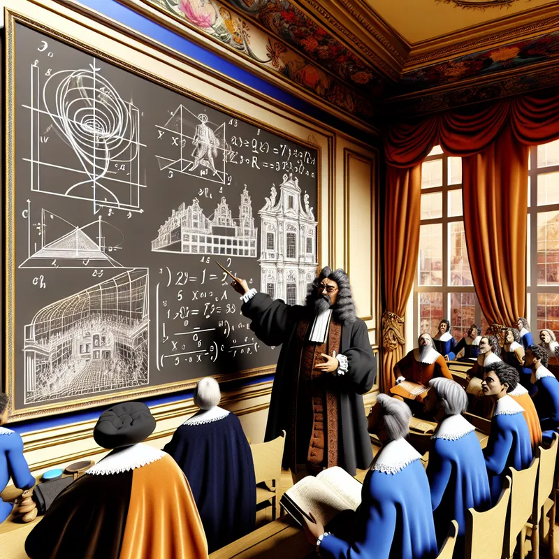 Barokke klas met wijze leraar die een complex wiskundeprobleem stap voor stap uitlegt aan aandachtige studenten in 17e-eeuwse kleding