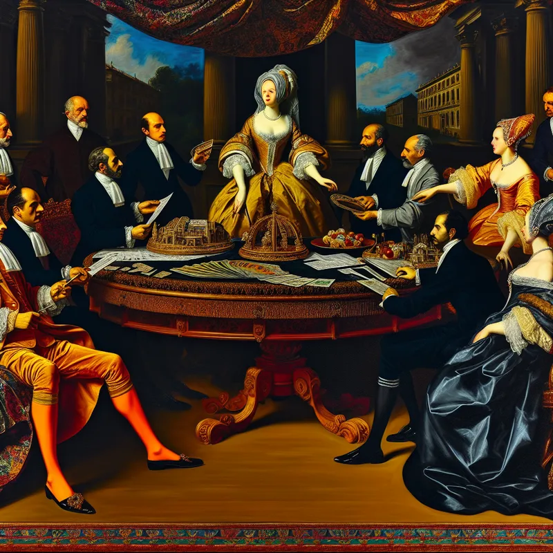 Een Barokke zakelijke scène met een klant die in de watten wordt gelegd door professioneel personeel.