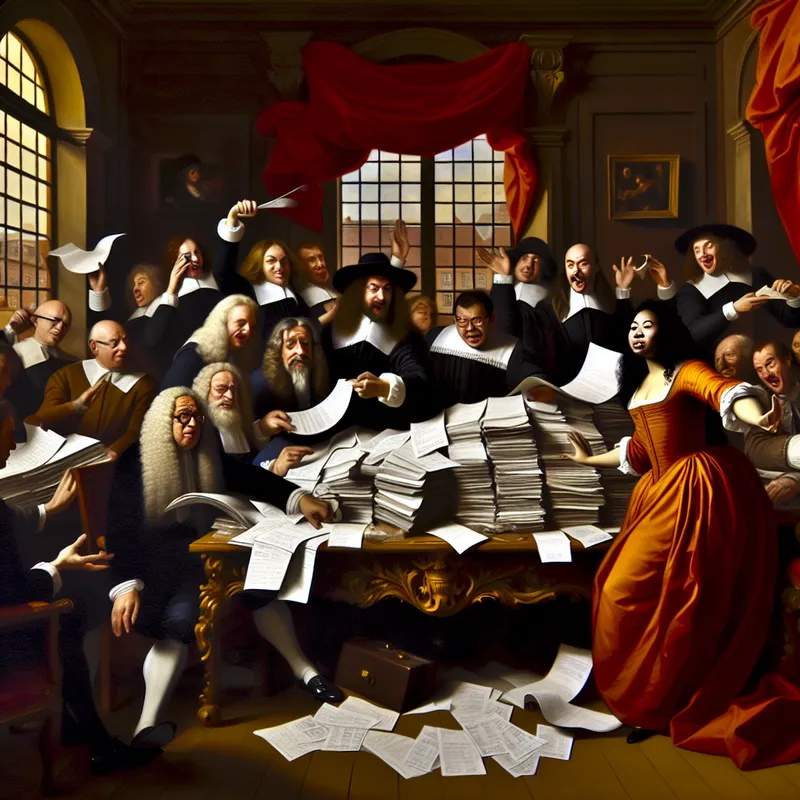 Barokke scène van een diverse groep professionals die rond een groot, versierd tafel zitten, waarbij ze hun onkosten van een zakenreis presenteren.