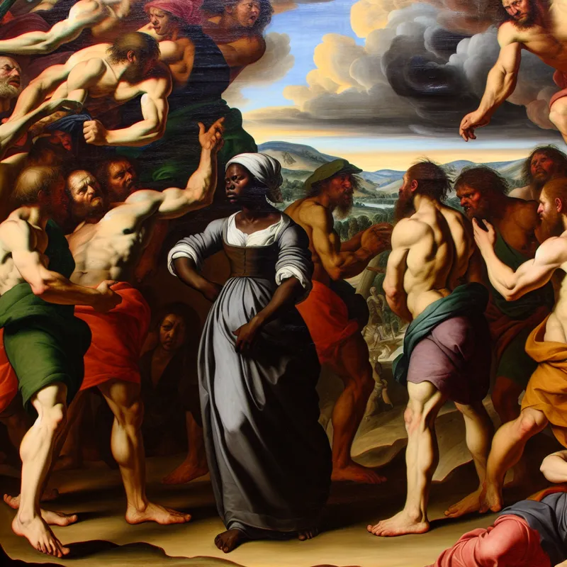 Barokschilderij toont twee groepen in felle discussie met buitenstaander die observeert