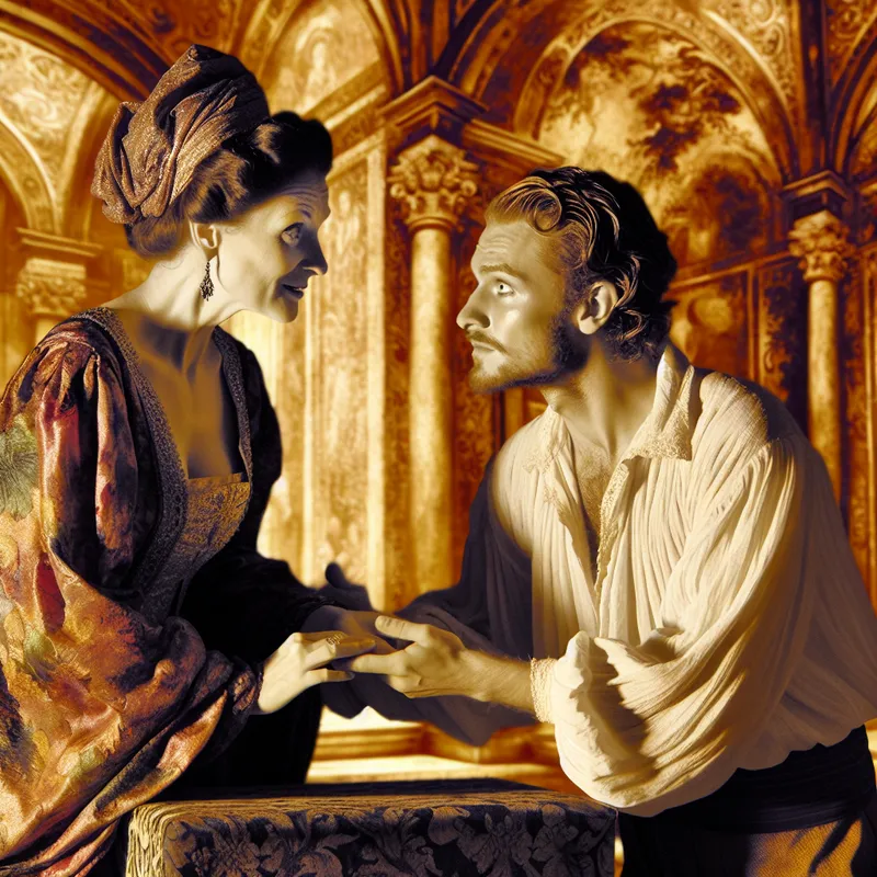 Barokke scène van twee geliefden met intense seksuele aantrekking, geschilderd in de stijl van Peter Paul Rubens met rijke kleuren en dramatisch licht