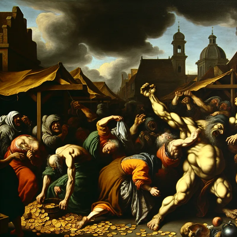 Barokke voorstelling van economische achteruitgang met gespierde figuren, lege marktkramen en een verzwakte titan die neergetrokken wordt door schaduwhanden