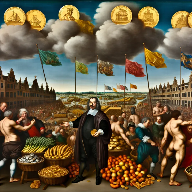 Een bruisende Barokse markt vol met levendige kleuren, waar handelaars verschillende economische activa uitwisselen zoals gouden munten en gewassen.