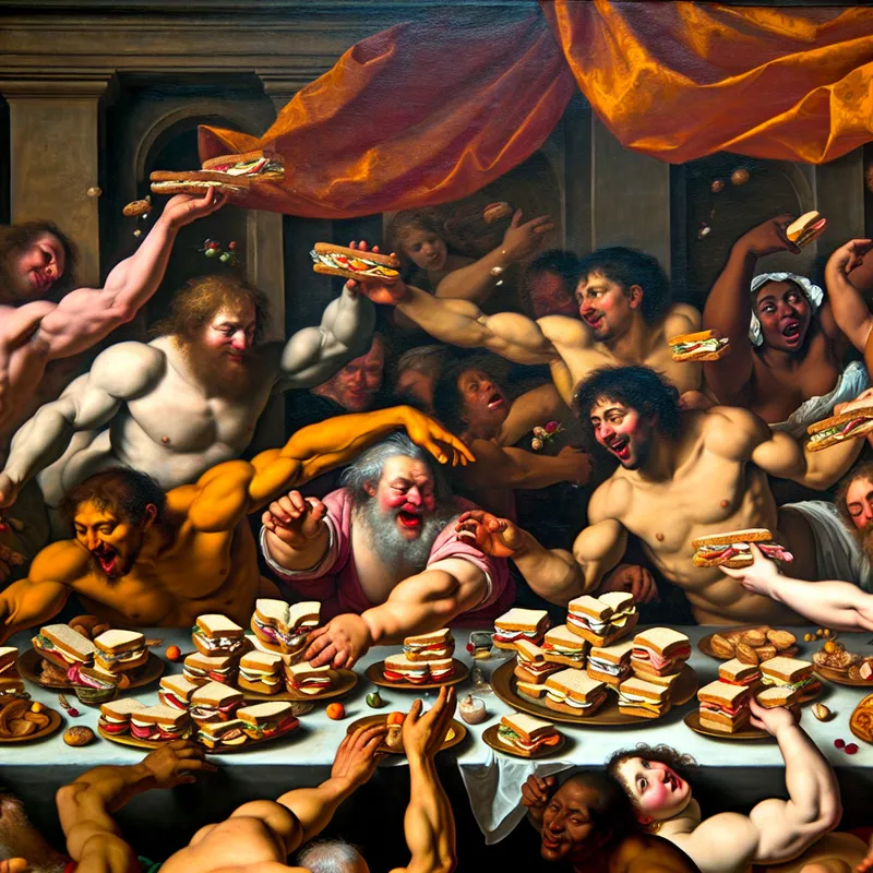 Barokke scène met levendige figuren die genieten van hapklare schuivers met kaas, ham en pindakaas als tussendoortje