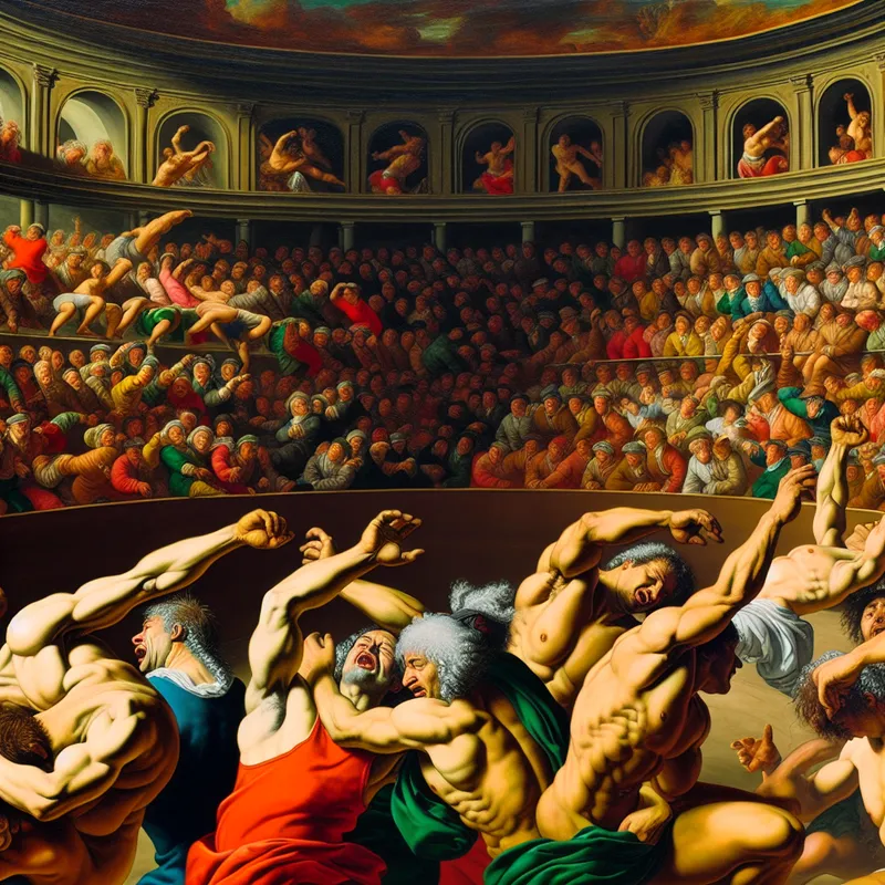 Baroktaferelen met energieke deelnemers die over elkaar heen worden doorgegeven in een kleurrijke arena